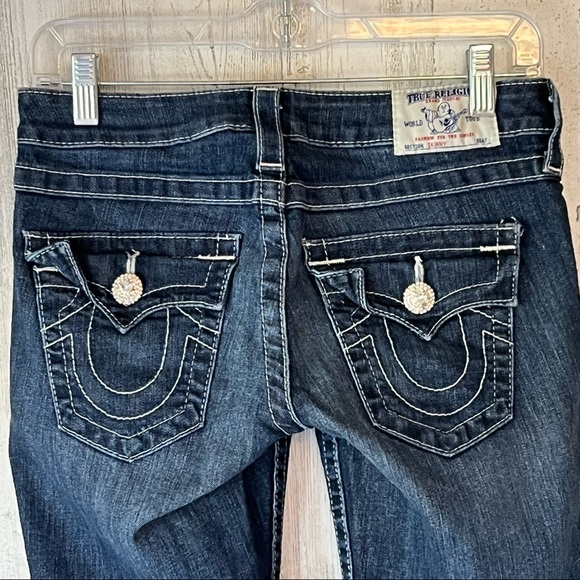 TRUE RELIGION SKINNY Blue Jeans Rhinestone Buttons Sz 26 - Picture 1 of 12